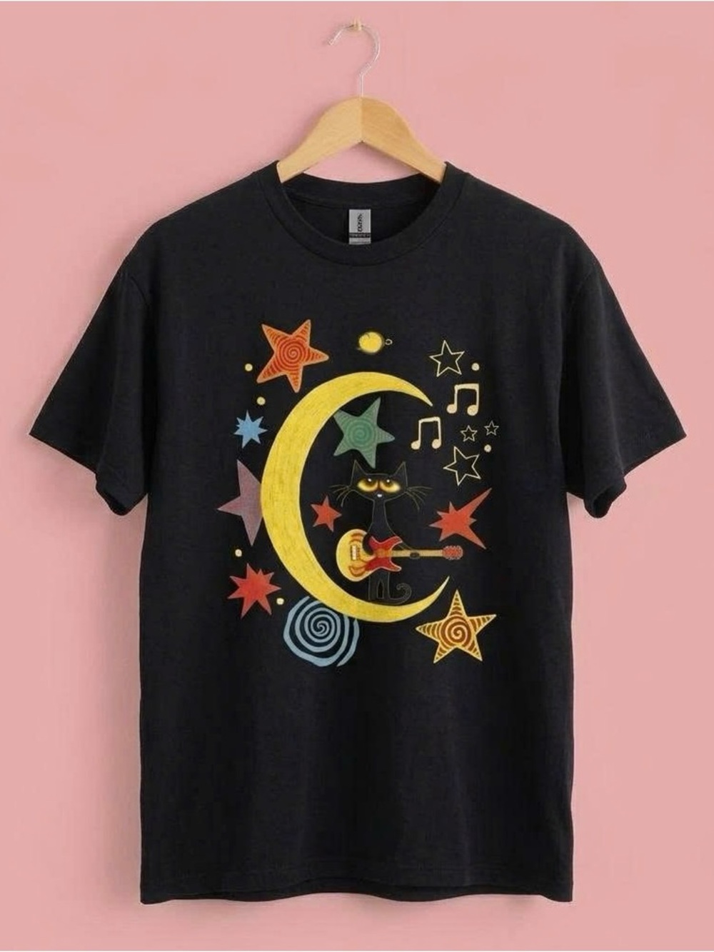 Gildan Black Tee with Yellow Moon & Colorful Star Cat Guitar Graphic